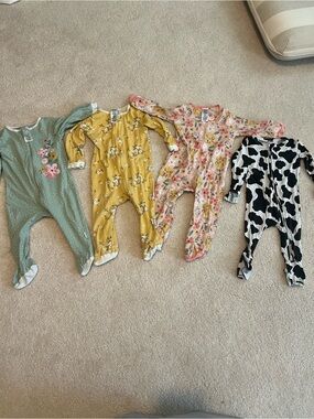 Baby Footed One-Piece Sleeper in Green, Mustard, Pink & Black Cow Print